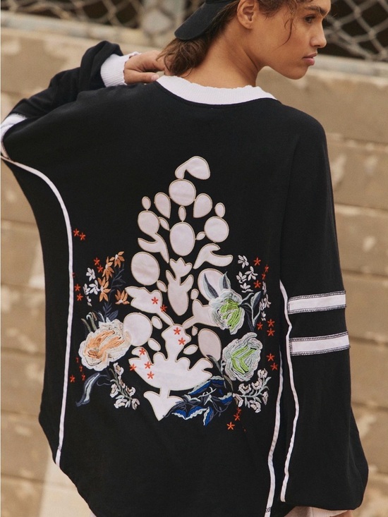 Free People Tops - NWT Rugby Ready Logo Layer Pullover Piano floral Black Embroidered size Medium